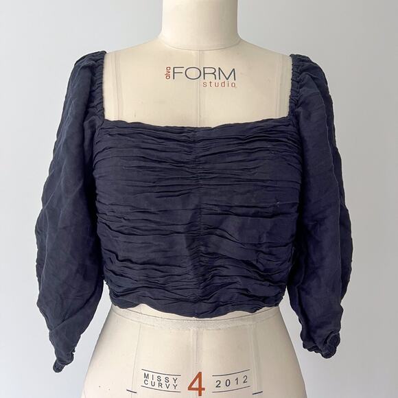 Posse Tops - Posse Womens SMALL Black Linen Ivy Blouse Smocked Ruched Cropped Puff Sleeve